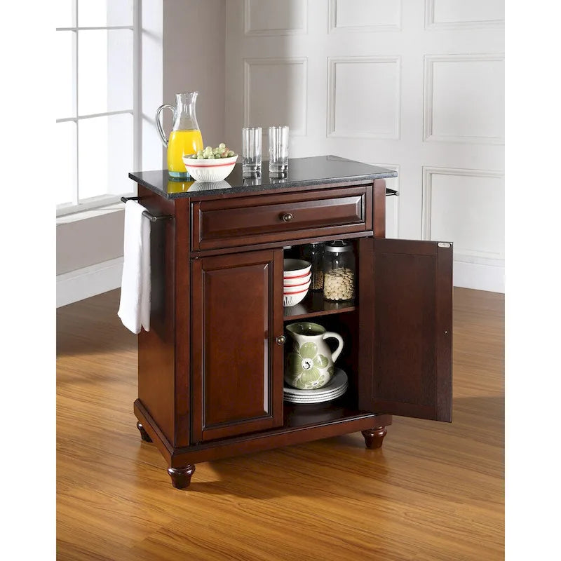 Isla de cocina portátil con superficie de granito negro macizo en acabado caoba vintage - 18d x 31w x 36h
