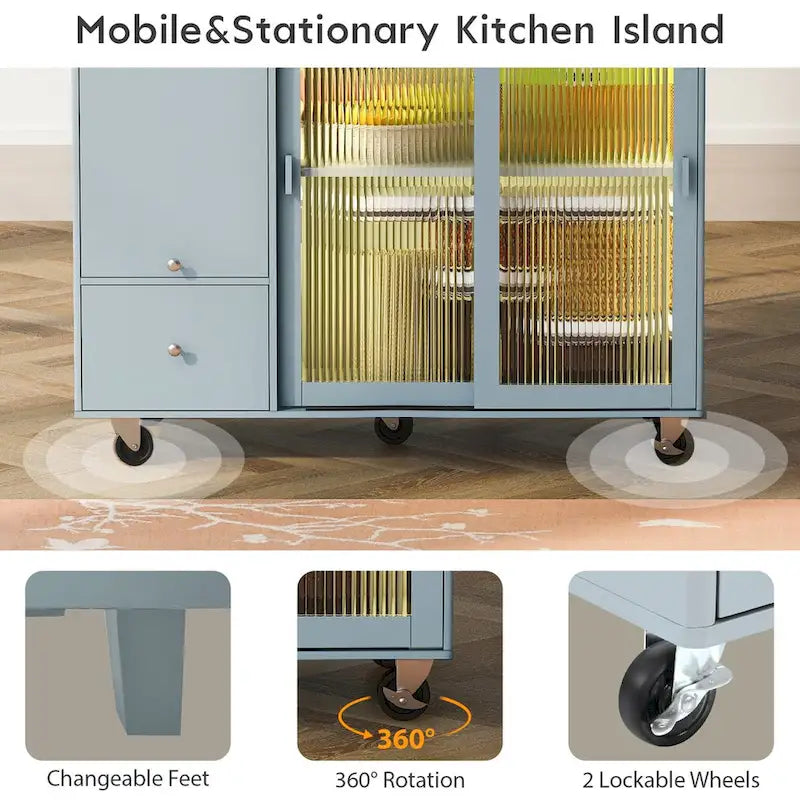 Carrito isla de cocina con superficie abatible, iluminación LED, puertas de vidrio estriado, estante ajustable y dos cajones