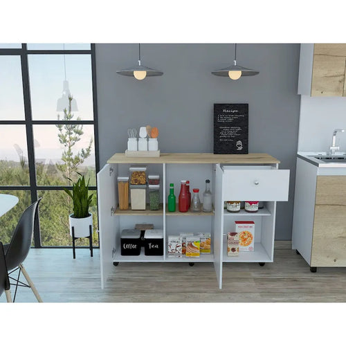 Isla de cocina blanca y de pino con 2 cajones y 2 estantes