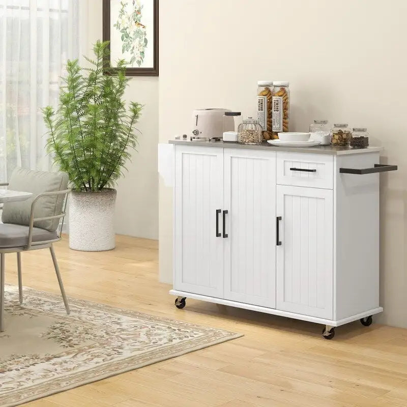 50.5 Isla de cocina con carrito de cocina rodante sobre ruedas, con cajón, 3 gabinetes, encimera de acero inoxidable, especiero y toallero