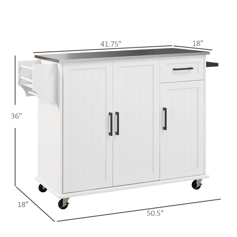 50.5 Isola da cucina con carrello da cucina scorrevole su ruote, cassetto, 3 armadietti, piano in acciaio inox, portabarattoli per spezie e porta asciugamani