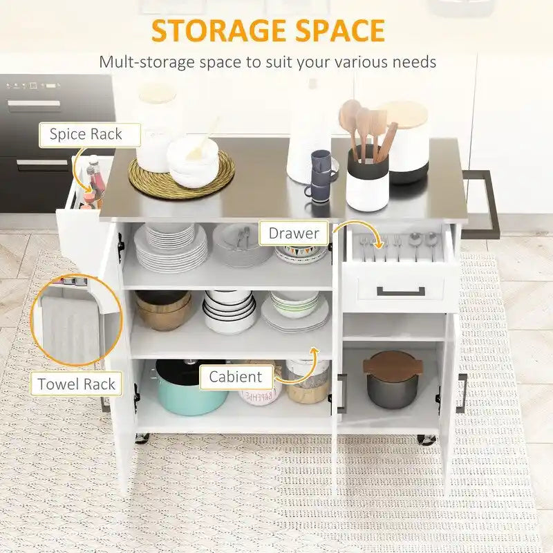 50.5 Isola da cucina con carrello da cucina scorrevole su ruote, cassetto, 3 armadietti, piano in acciaio inox, portabarattoli per spezie e porta asciugamani