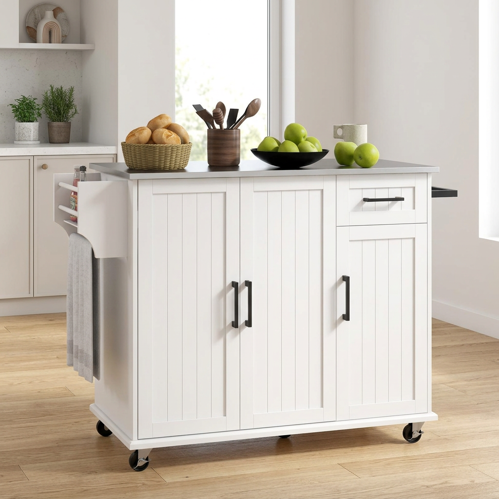 50.5 Isla de cocina con carrito de cocina rodante sobre ruedas, con cajón, 3 gabinetes, encimera de acero inoxidable, especiero y toallero
