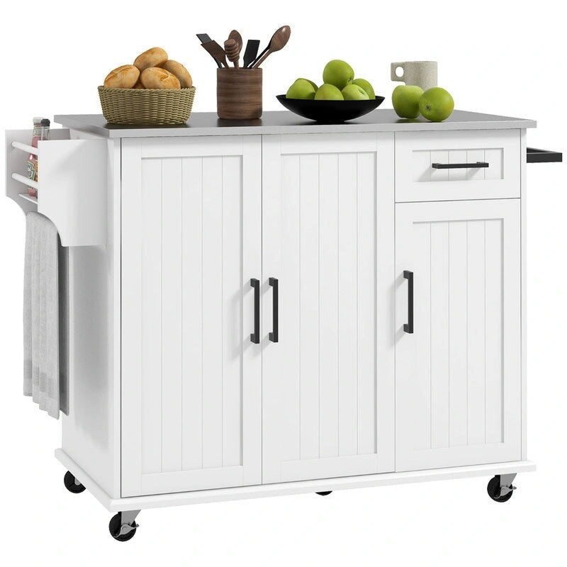 50.5 Isla de cocina con carrito de cocina rodante sobre ruedas, con cajón, 3 gabinetes, encimera de acero inoxidable, especiero y toallero