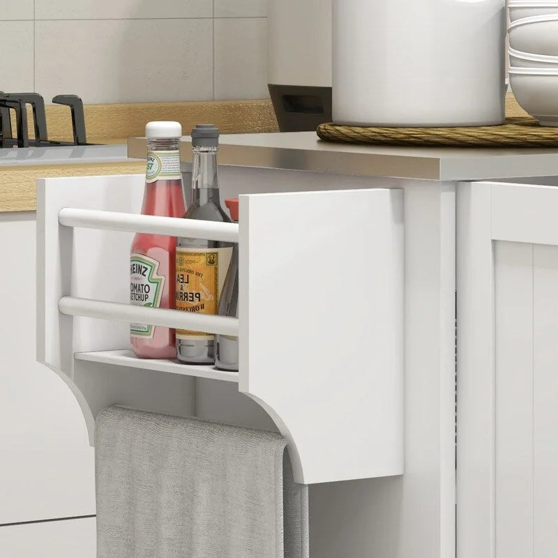50.5 Isola da cucina con carrello da cucina scorrevole su ruote, cassetto, 3 armadietti, piano in acciaio inox, portabarattoli per spezie e porta asciugamani