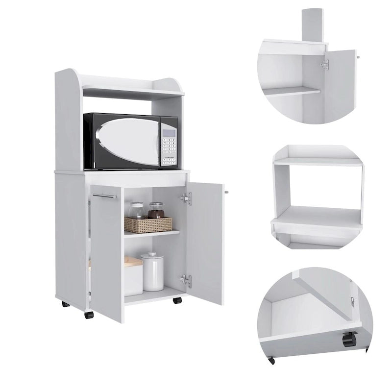 Carrito de cocina, armario de dos puertas, un estante abierto y dos estantes interiores -Blanco
