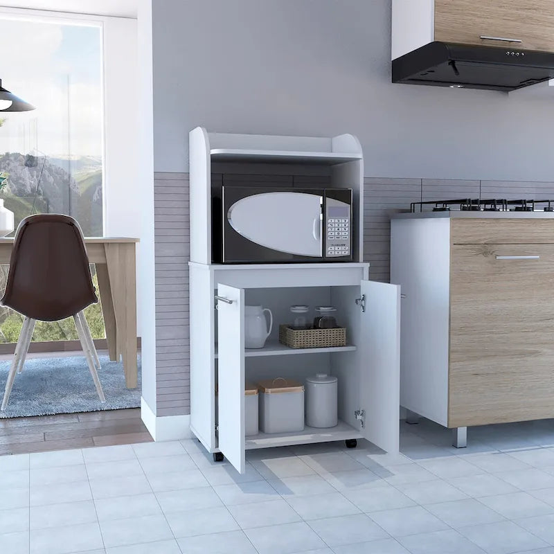 Carrito de cocina, armario de dos puertas, un estante abierto y dos estantes interiores -Blanco