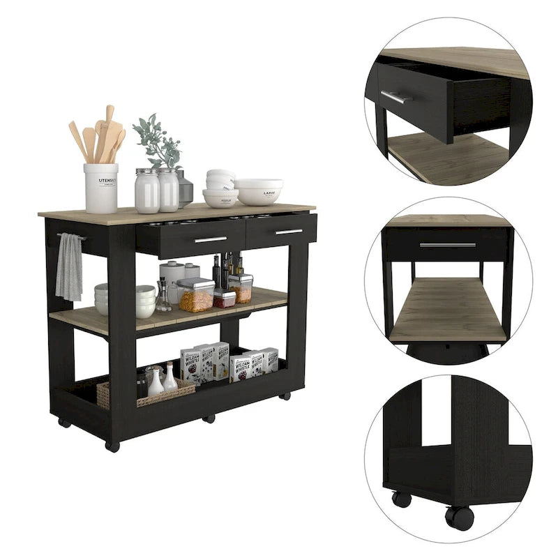 Isla de cocina negra Wengue y roble claro con 2 cajones y 2 estantes