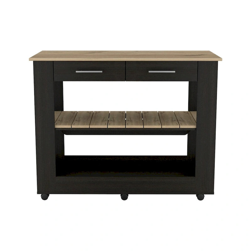 2-Drawer 2-Shelf Kitchen Island Black Wengue and Light Oak