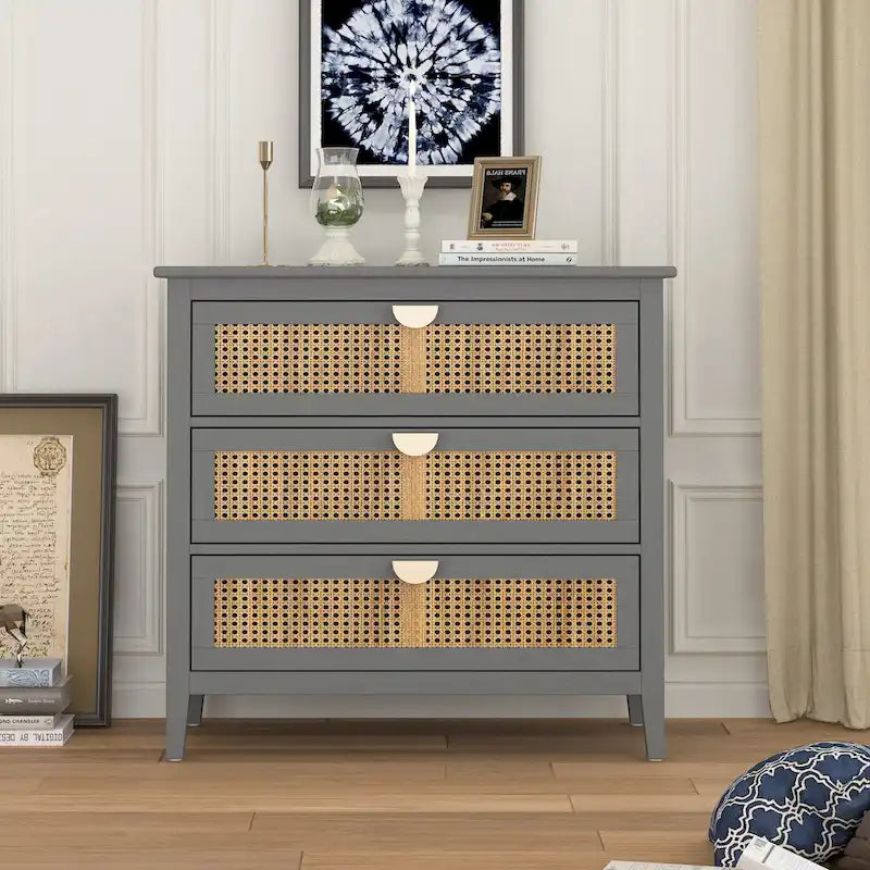Gabinete de 3 cajones, ratán natural, mueble estadounidense, adecuado para dormitorio, sala de estar y estudio