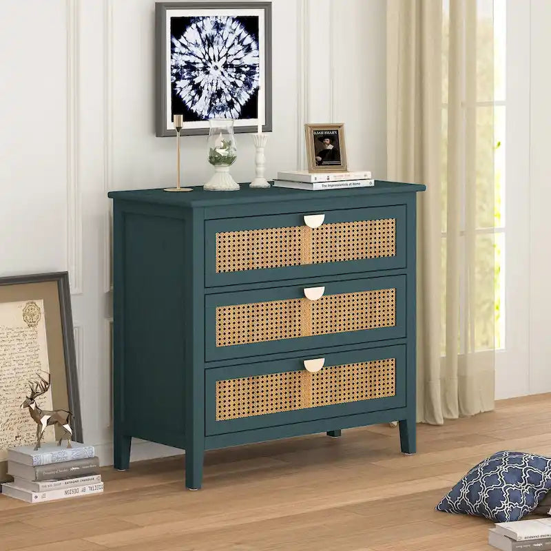 Gabinete de 3 cajones, ratán natural, mueble estadounidense, adecuado para dormitorio, sala de estar y estudio