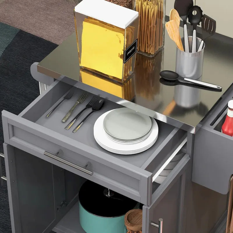 Isla de cocina móvil con ruedas y encimera de acero inoxidable