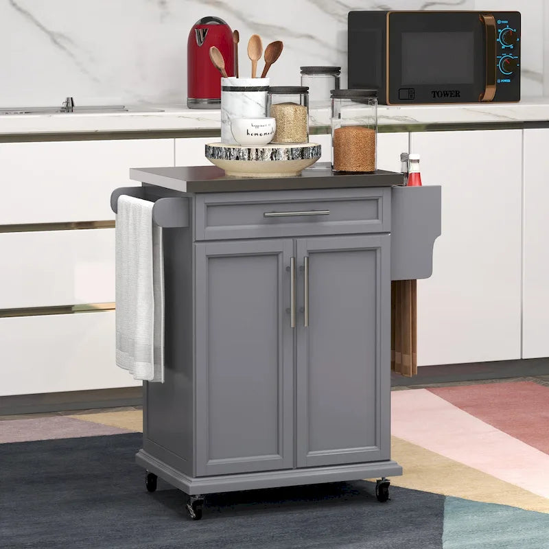 Isla de cocina móvil con ruedas y encimera de acero inoxidable