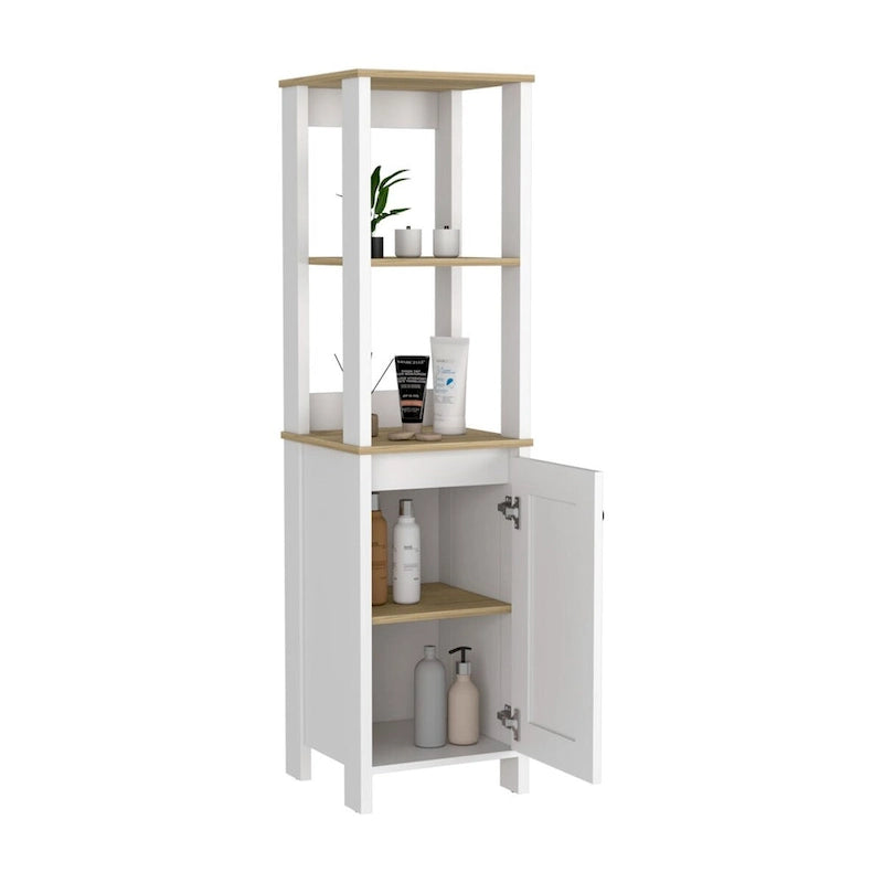 Gabinete New Haven Linen de una puerta, dos estantes interiores, dos estantes abiertos, roble claro / blanco