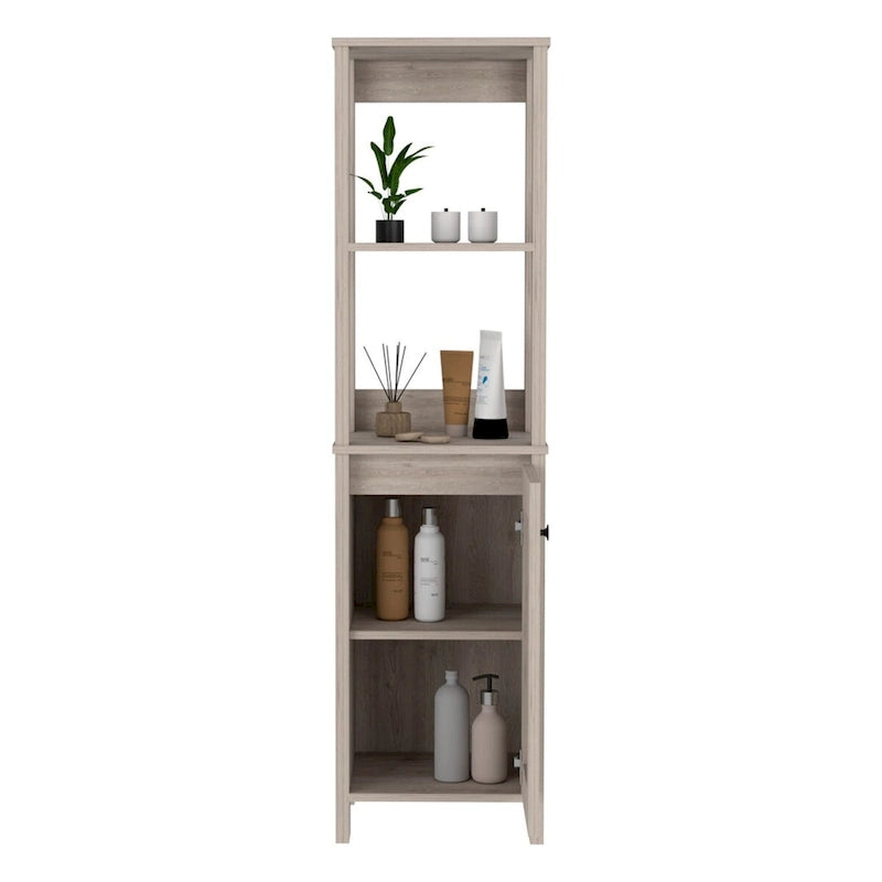 Gabinete New Haven Linen de una puerta, dos estantes interiores, dos estantes abiertos, roble claro / blanco