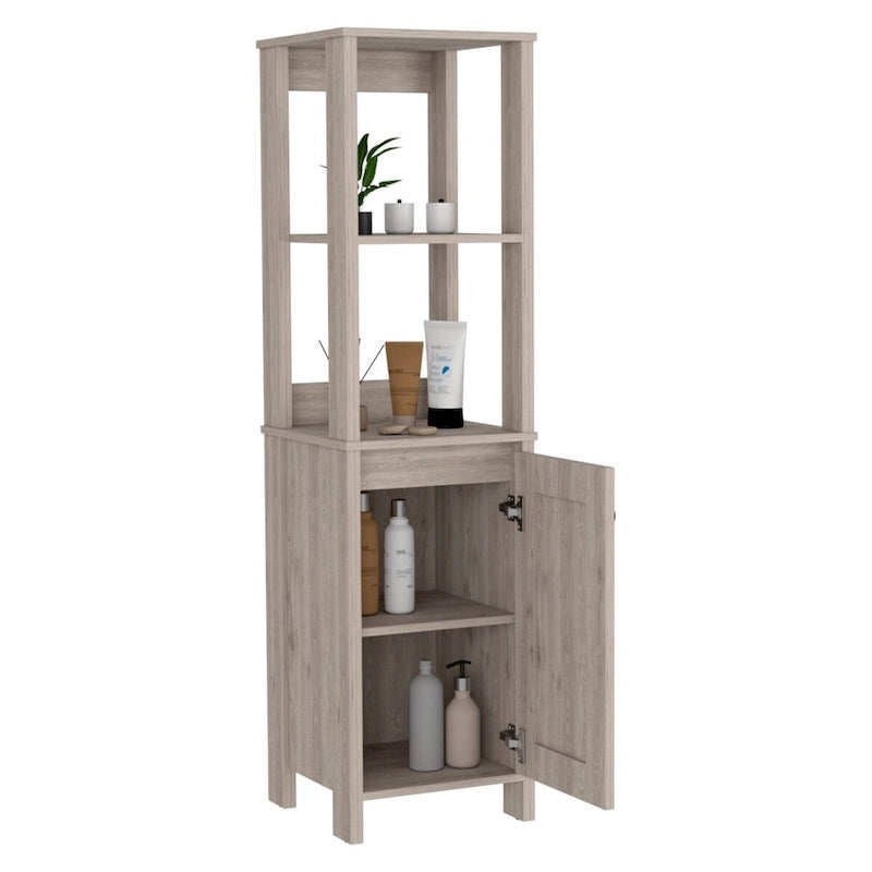 Gabinete New Haven Linen de una puerta, dos estantes interiores, dos estantes abiertos, roble claro / blanco