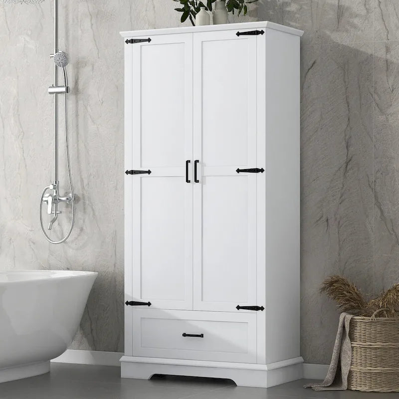 Gabinete alto de almacenamiento para baño, con dos puertas y un cajón, estante ajustable, tablero MDF, blanco