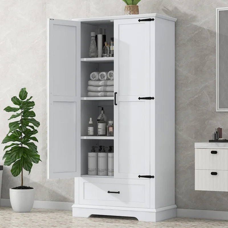 Gabinete alto de almacenamiento para baño, con dos puertas y un cajón, estante ajustable, tablero MDF, blanco
