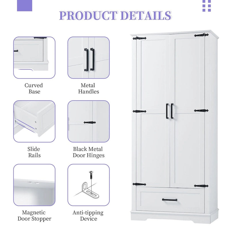 Gabinete alto de almacenamiento para baño, con dos puertas y un cajón, estante ajustable, tablero MDF, blanco