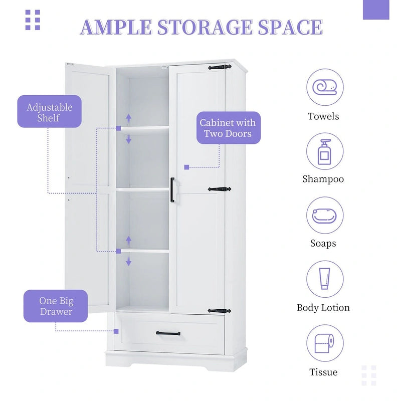Gabinete alto de almacenamiento para baño, con dos puertas y un cajón, estante ajustable, tablero MDF, blanco