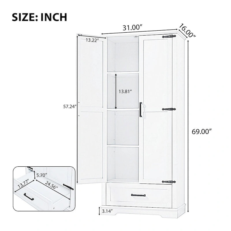 Gabinete alto de almacenamiento para baño, con dos puertas y un cajón, estante ajustable, tablero MDF, blanco